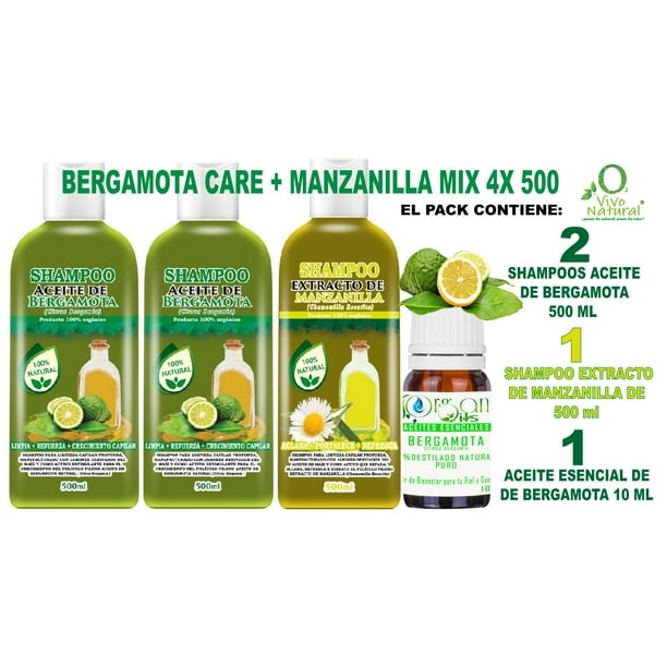 Bergamota Care + Manzanilla Mix 4X 500 VIVONATURAL. 2 Shampoos Aceite de Bergamota 500 ml + Sampoo Extracto de Manzanilla 500 ml + Aceite Esencial de Bergamota 10 ml