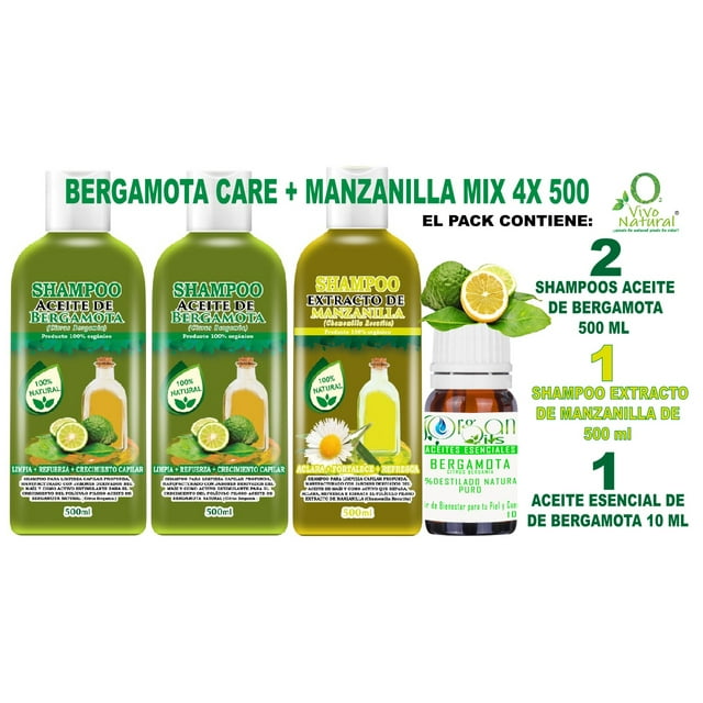 Bergamota Care + Manzanilla Mix 4X 500 VIVONATURAL. 2 Shampoos Aceite de Bergamota 500 ml + Sampoo Extracto de Manzanilla 500 ml + Aceite Esencial de Bergamota 10 ml