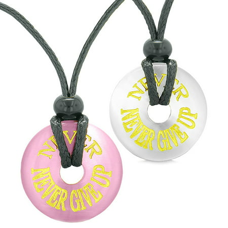 Amulets Never Never Give Up Love Couples or Best Friends Pink and White Simulated Cats Eye