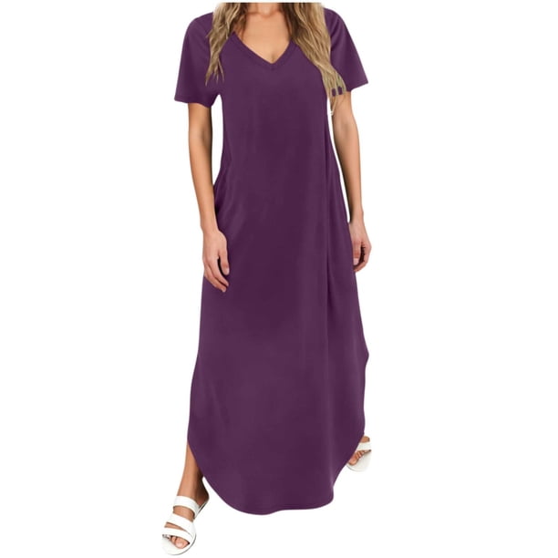 Vestido Corto para las Mujeres de Verano Color Sólido Cuello en V Vestido de Bolsillo de Manga Corta, Vestido de Verano Casual de las Mujeres para las Salidas de Primavera