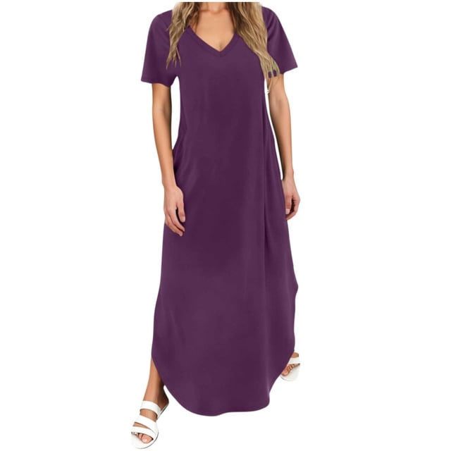 Vestido Corto para las Mujeres de Verano Color Sólido Cuello en V Vestido de Bolsillo de Manga Corta, Vestido de Verano Casual de las Mujeres para las Salidas de Primavera