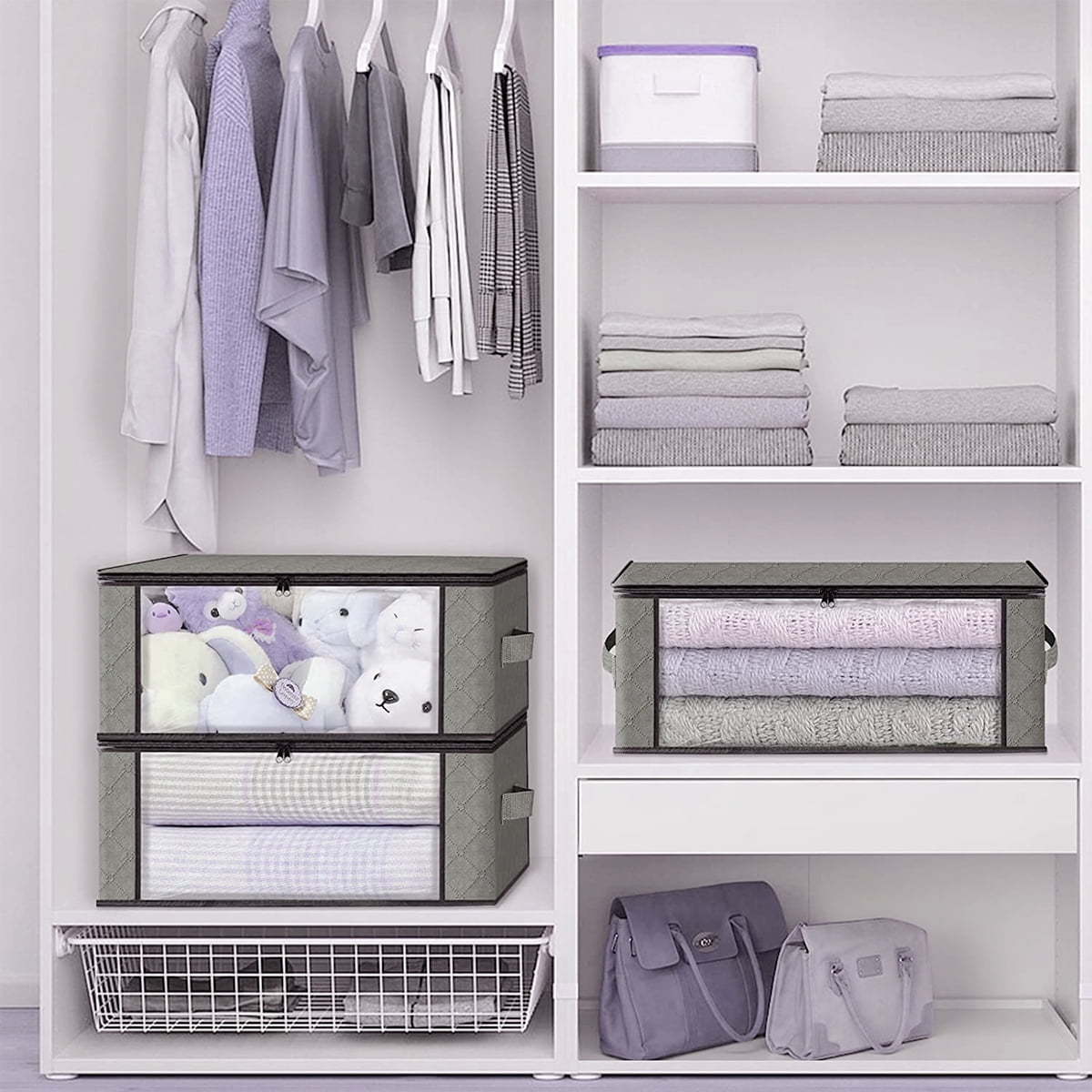 Rirool Foldable Storage Box, 6 Pack Clothes Organizer with Clear Windows, Sturdy Handles Storage Bag 19.7 x 13.78 x 7.87 inches, Gray