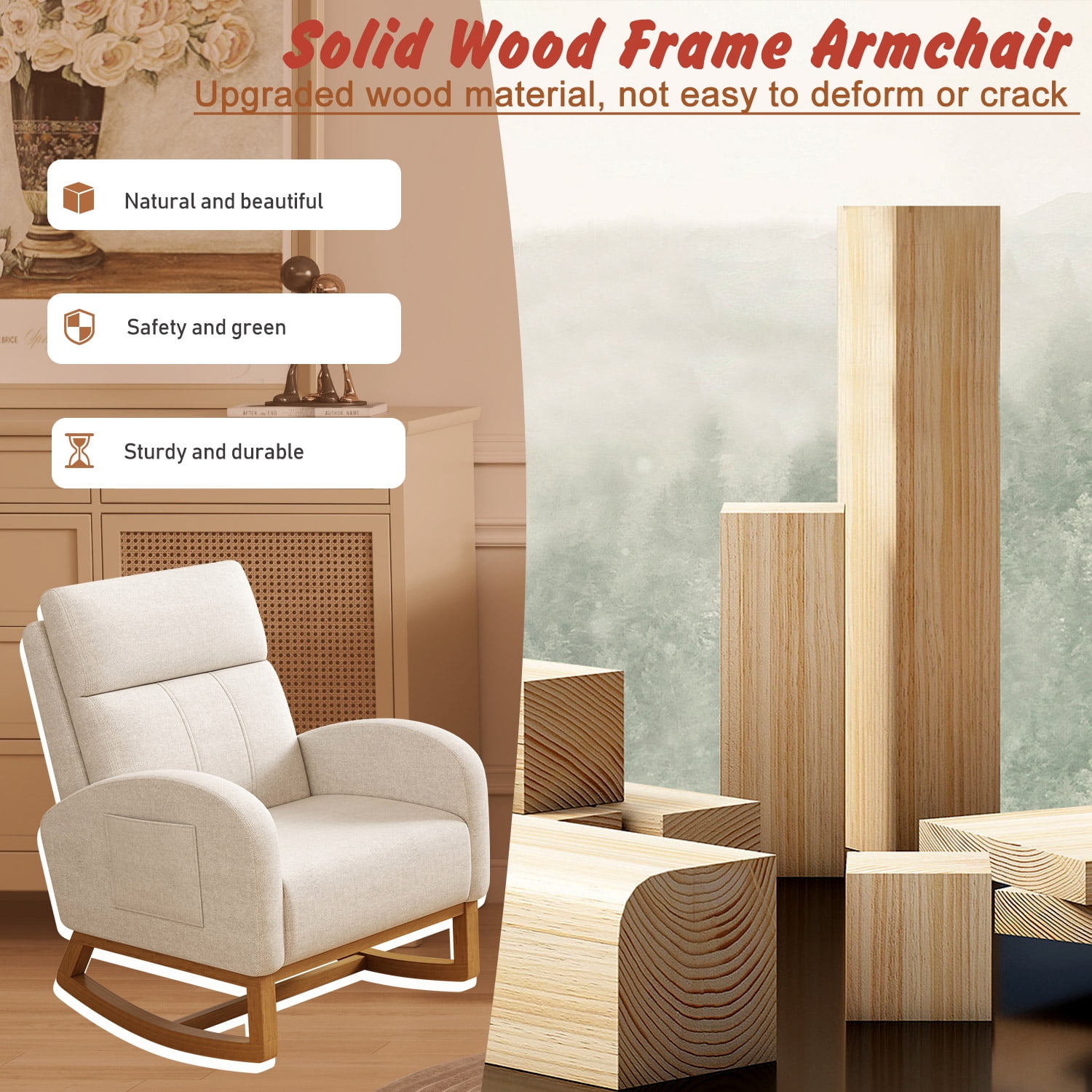 Rocking Chair Nursery Accent Chair for Bedroom Glider Comfy with High Backrest Upholstered Living Room Chair with Side Pocket, Cream