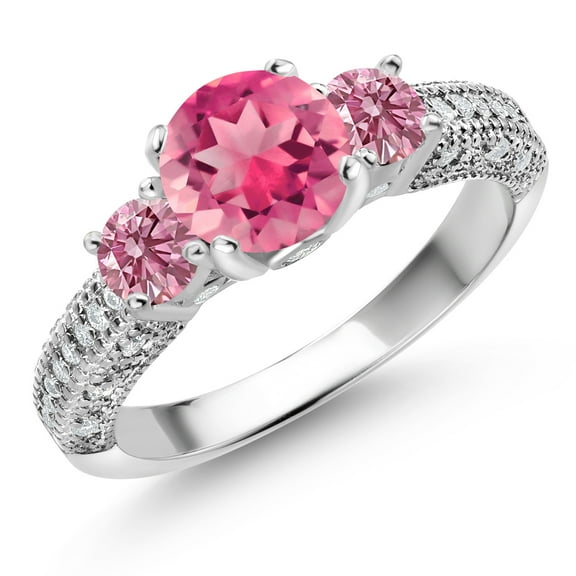 Gem Stone King 925 Sterling Silver Pink Mystic Topaz Pink Lab Grown Diamond and White Moissanite Engagement Ring for Women (2.23 Cttw, Gemstone, Round 7MM and 4MM, Size 8)