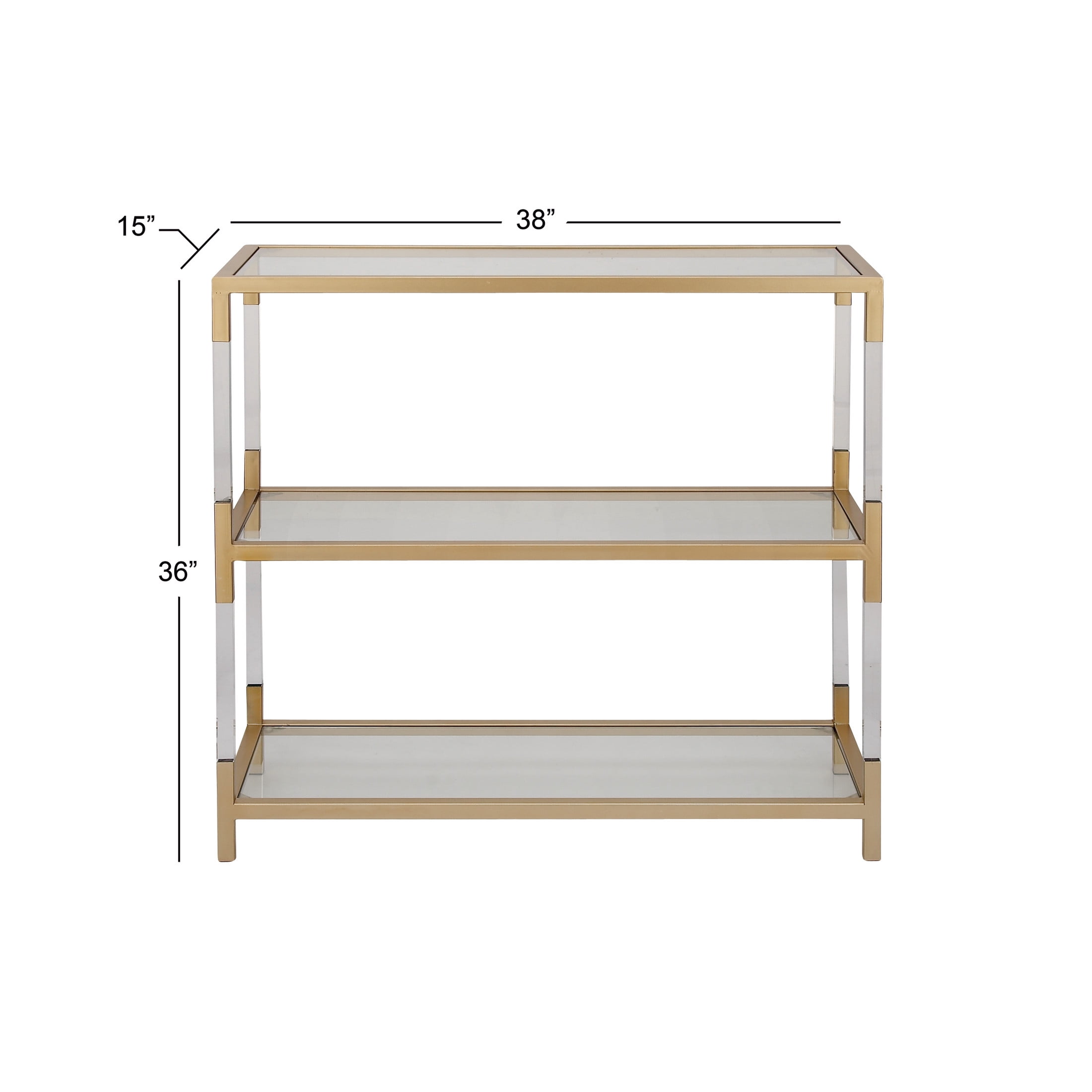 DecMode 38" x 36" Gold Metal 2 Shelf Console Table with Clear Glass Top and Acrylic Legs, 1-Piece