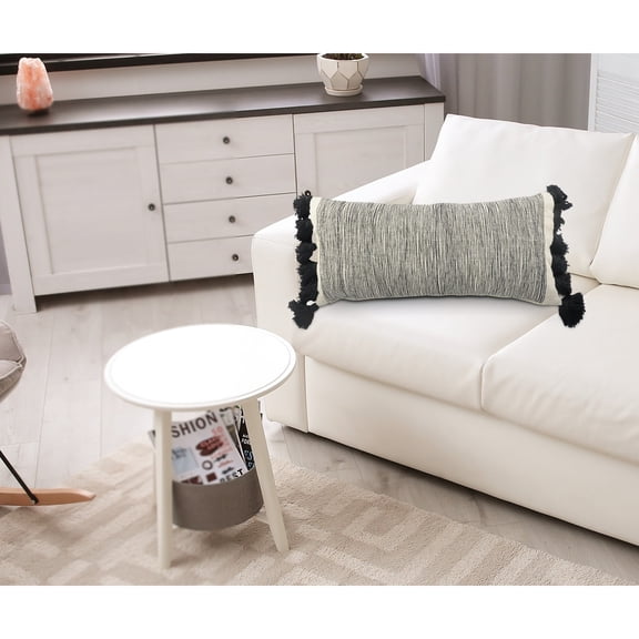 Laddha Home Designs Handwoven Striped Rectangular Lumbar Pillow Cover - 28" - White and Black