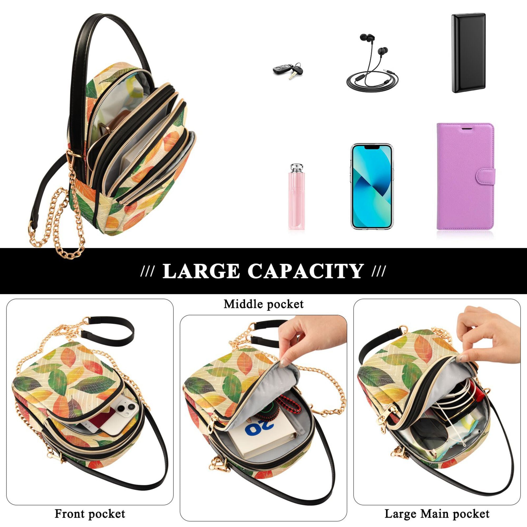 FORMRS Crossbody Bag for Women Quilted Travel Shoulder Cell Phone Purse with Chain Strap Handbag, Green Retro Autumn Leaves