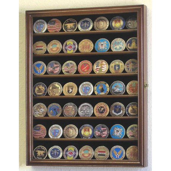 Military Challenge Coin Display Case Cabinet Rack Holder Stand Box w/UV Protection, Walnut