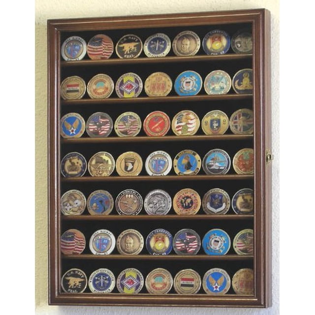 Military Challenge Coin Display Case Cabinet Rack Holder Stand Box w/UV Protection, Walnut