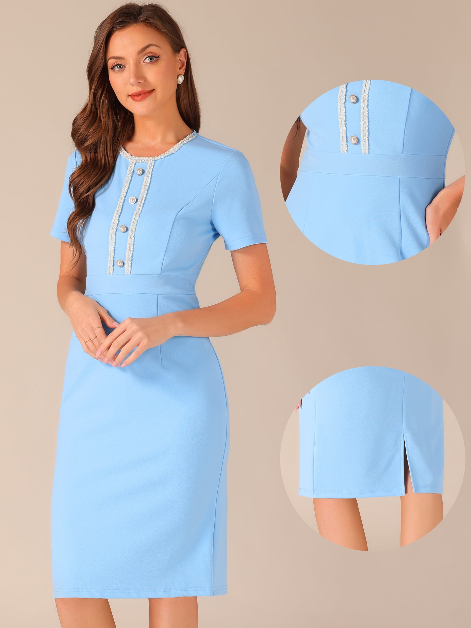 DARING DIVA Work Business Square Neck Color Block Bodycon Sheath Dresses M Sky Blue