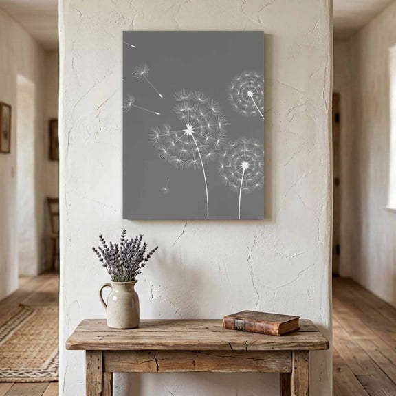 Ships Next Day Canvas Wall Art 16"x20", Grey Dandelion Wood Framed Canvas Print Painting, Abstract Art Simple Floral Ready to Hang Picture Wall Decor for Home Bedroom Living Room Dining