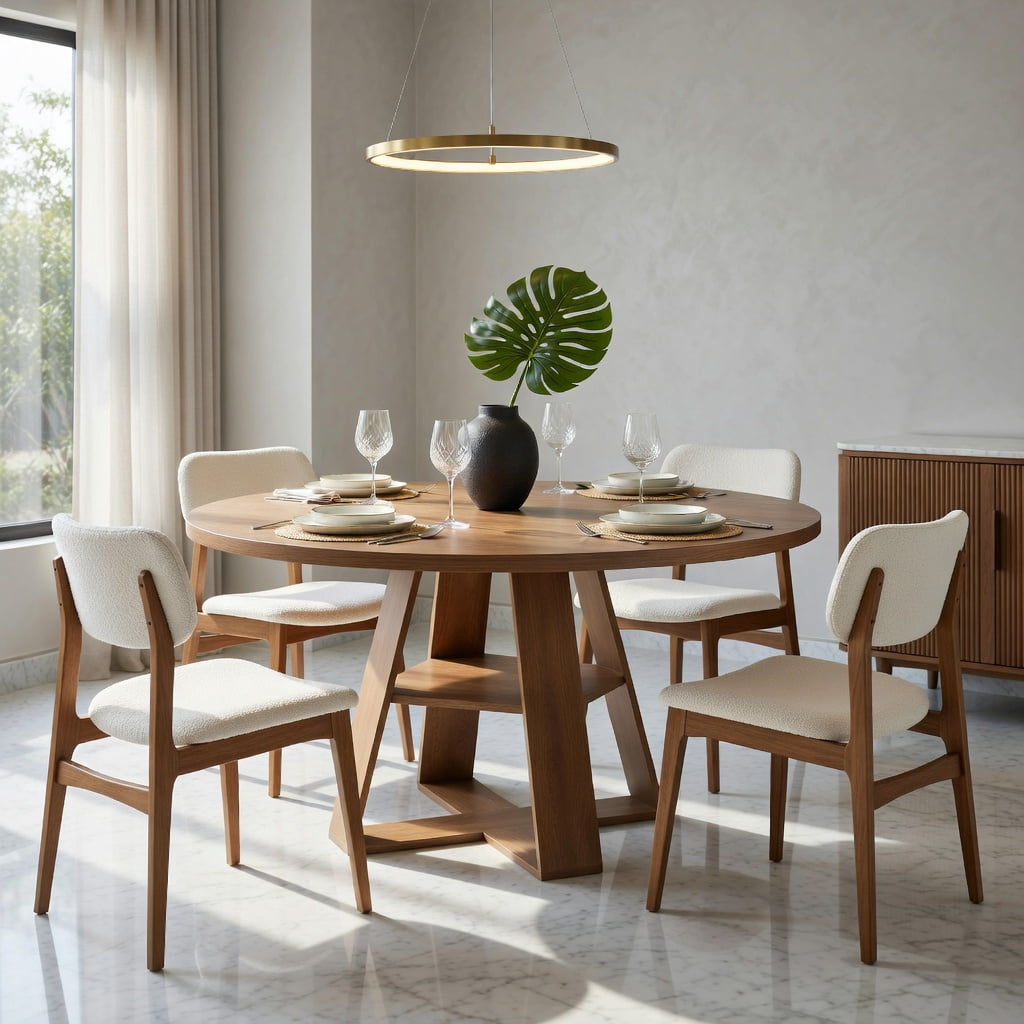Hommoo 47.24 Inch Round Farmhouse Dining Table for 4-6 People, Kitchen Table with X-Cross Base & Built-in Storage Shelf, Walnut