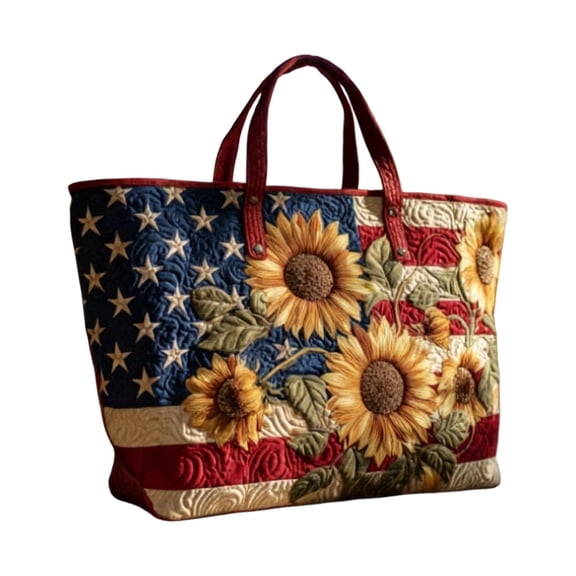 VeFlora Floral American Flag Print Quilted Tote Patchwork 250 Anniversary USA 4th of July Patriotic Shoulder Bag Daily Handbag(Red/L)
