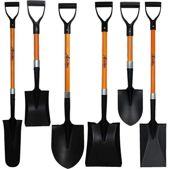 Ashman  Online 6 Assorted Shovels (6 Pcs) Steel Blade – Four Shovels of 41 and Two Shovels of 27 inches Long – Round, Square, Spade Shovel, Drain Spade Shovel, Mini Round , and Mini Square Shovel