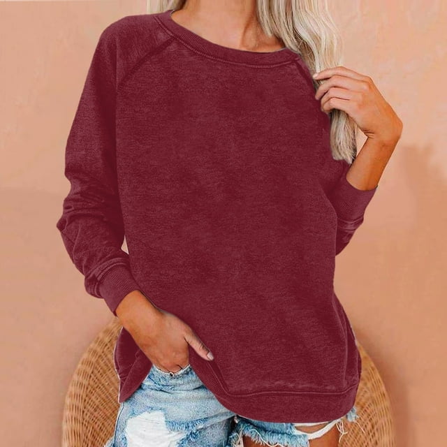 Hauts pour Femmes T-Shirts Dames Liquidation Blouses d'Été Mode Grande Taille Uni Col Rond Ample Manches Longues Rouge m