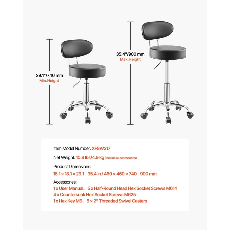 VEVOR Shop Stool with Backrest, 300 lbs Load, Adjustable Height