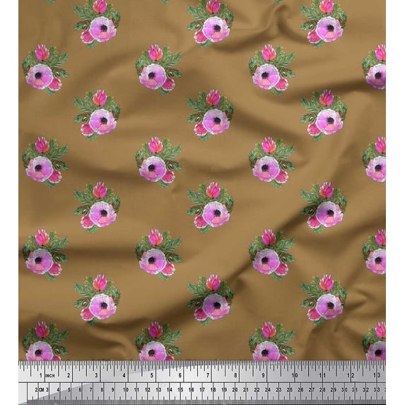 Soimoi Viscose Chiffon Fabric Leaves & Anemone Floral Print Fabric by The Yard 42 Inch Wide