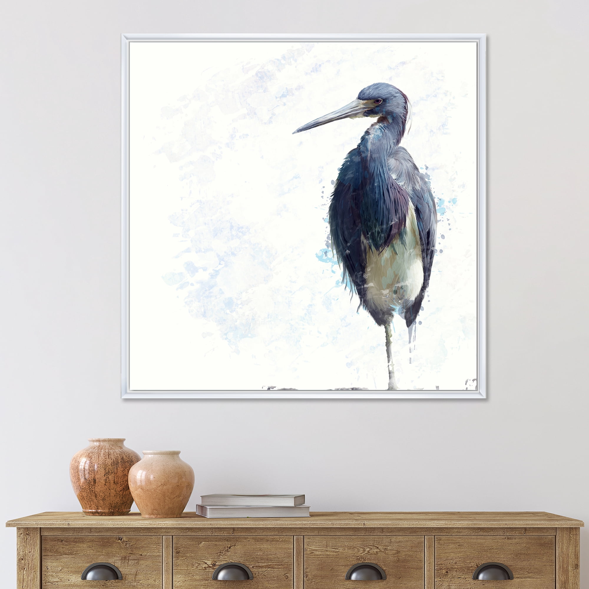 Tricolored Heron Bird On White 16 in x 16 in Framed Painting Canvas Art Print, by Designart