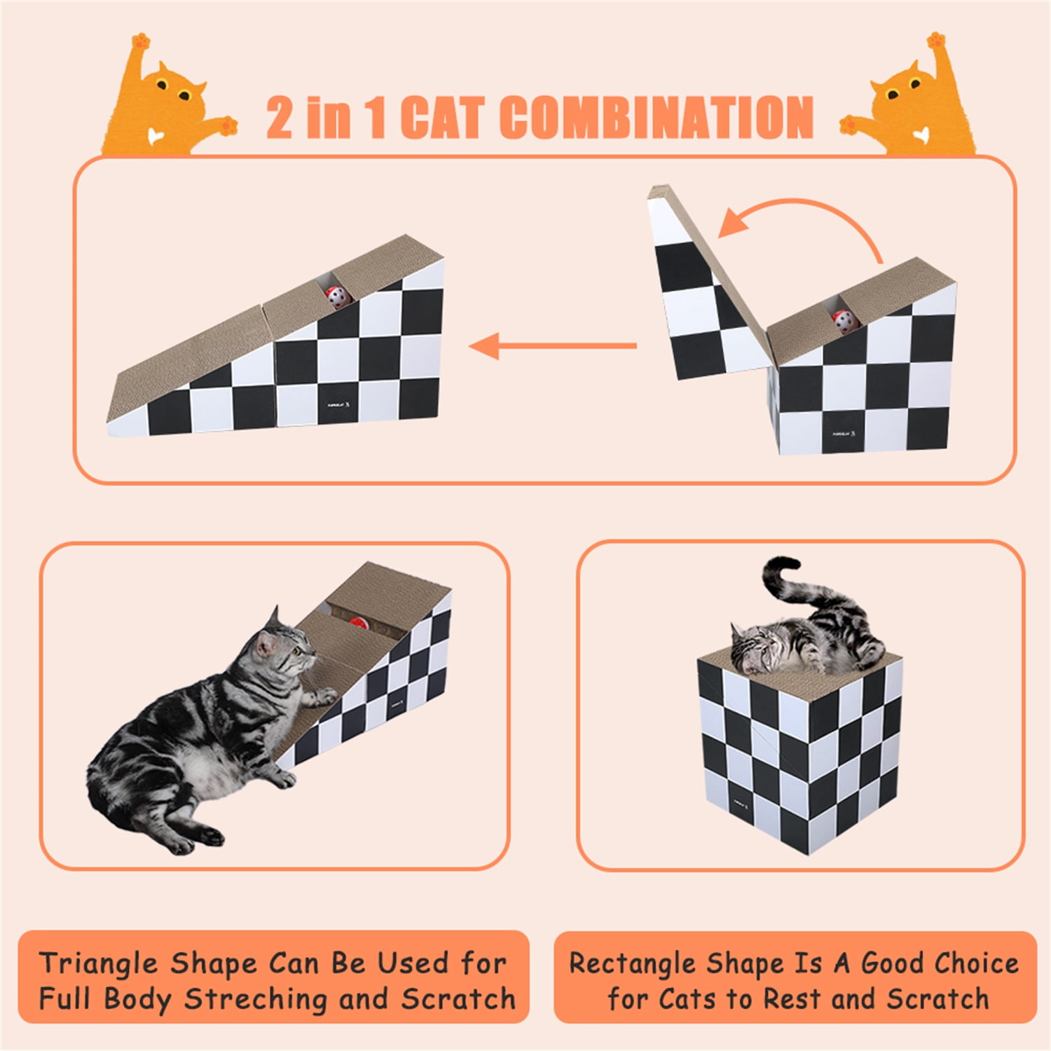 Pefilos 19" Cat Scratcher Board with Ball, Triangle Cat Scratching Cardboard, 2-in-1 Scratching Lounge Bed, Recyclable and Durable, Black and White Pefilos 19" Cat Scratcher Board with Ball, Triangle Cat Scratching Cardboard, 2-in-1 Scratching Lounge Bed, Recyclable and Durable, Black and White