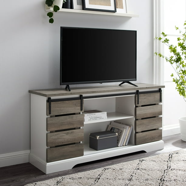 Woven Paths Farmhouse Sliding Slat Door Tv Stand For Tvs Up To 64 Grey Wash Com Woven Paths Farmhouse Sliding Slat Door, Outdoor Furniture Tv Stand