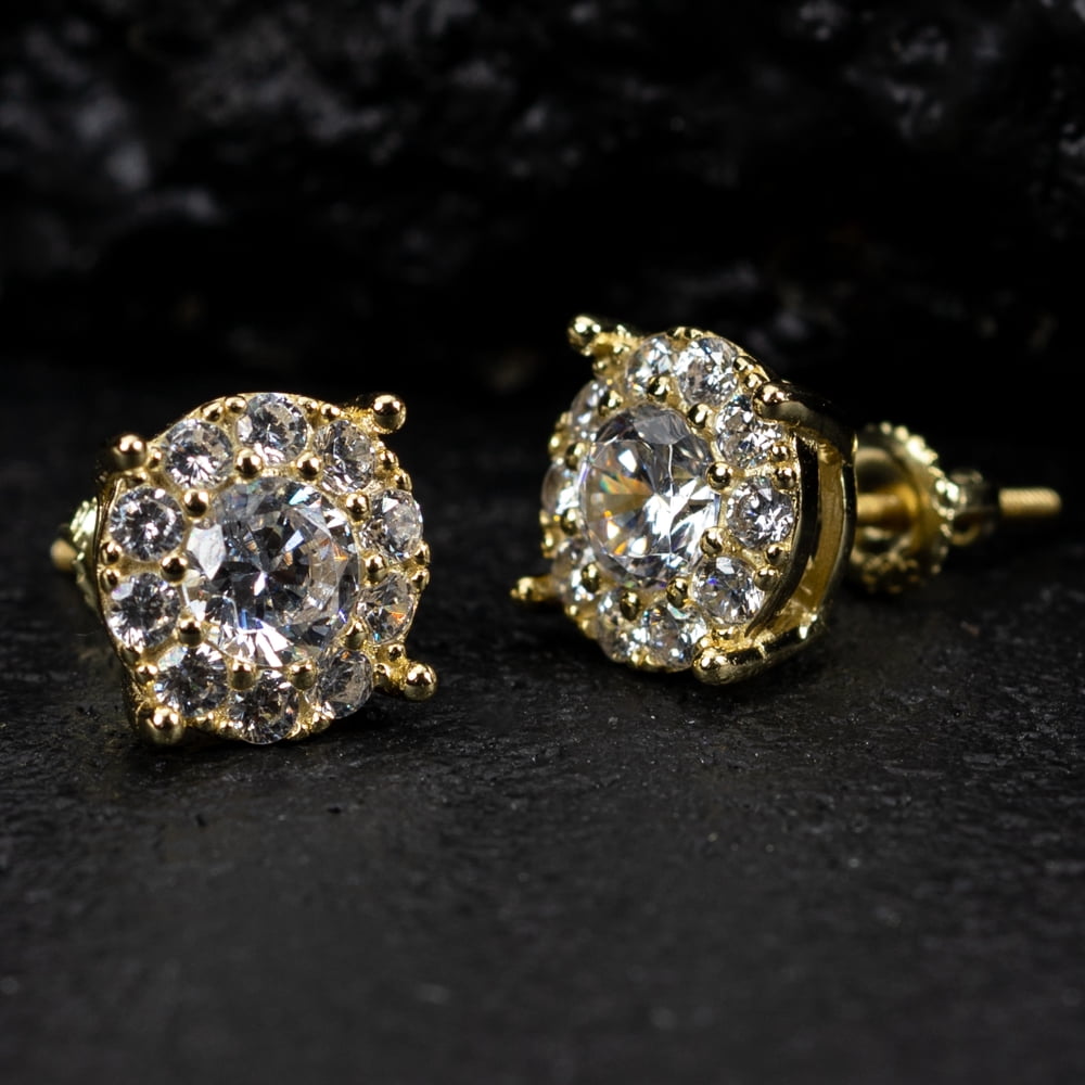 Yellow Gold Plated 925 Sterling Silver Screw Back Post Large Unisex Round Hip hop CZ Flower Cluster Big Circle Shape Stud Earrings