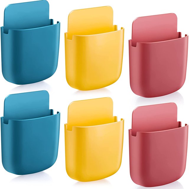 6 Pieces Adhesive Remote Control Holder Wall Mount Media Storage Box Sticky Organizer for Phone Remote Control, Office Home School Use (White, Red, Yellow, Gray, Blue, Pink)