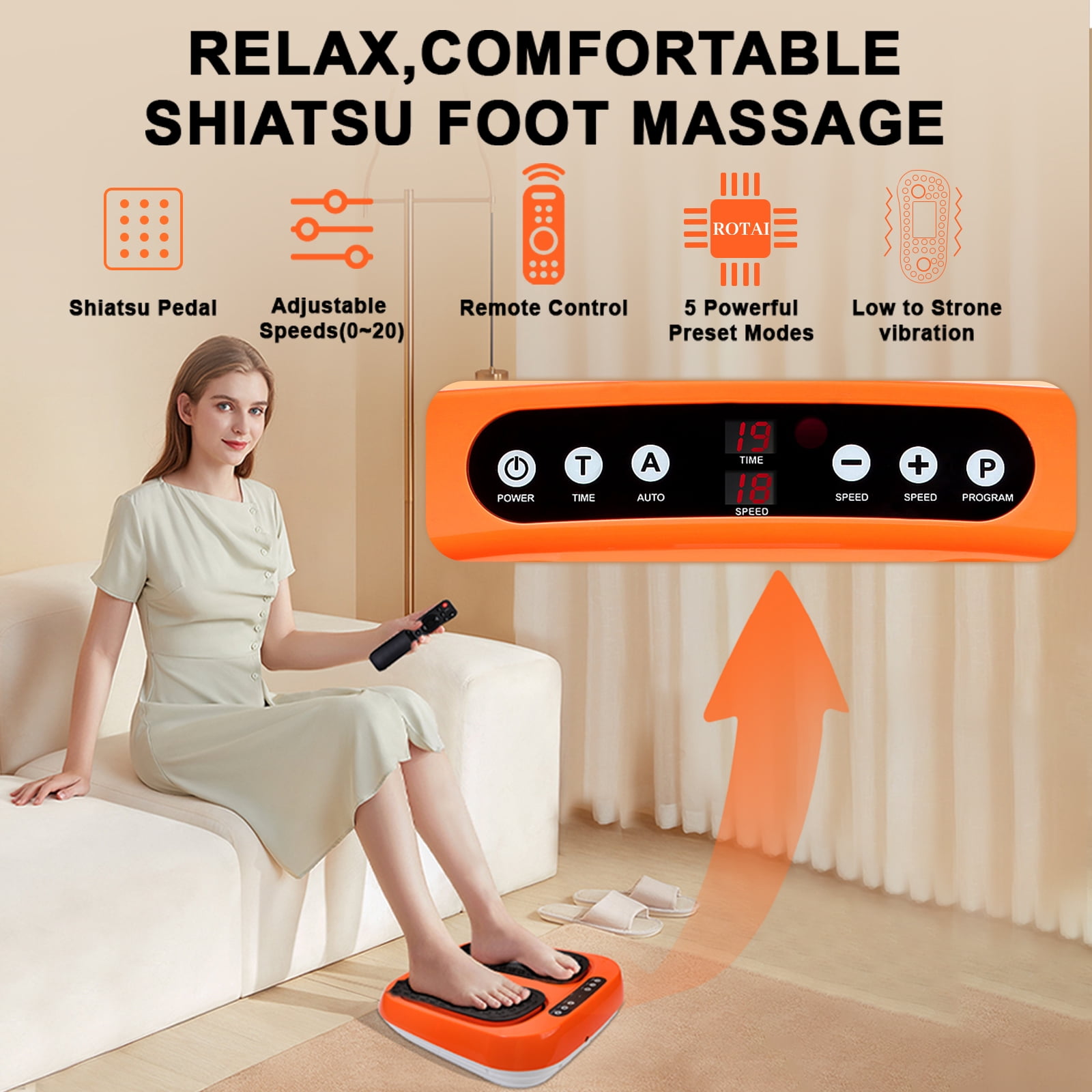 BEF Upgraded Electric Foot Massager Machine, 5 Auto Modes 20 Levels Speed, Remote Control, Deep Kneading Therapy by BEF, Orange