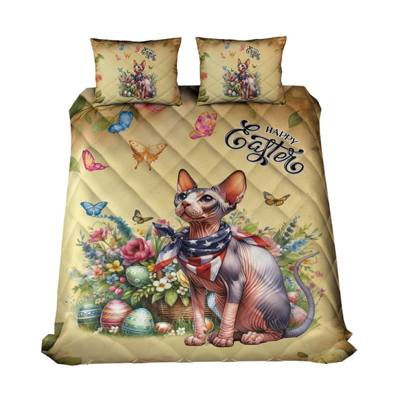 Sphynx Celebrates Spring and Enjoys a Happy Easter Quilt Bedding Set Cat Lover Kitten Owner Gifts Idea 1 Blanket Bed Cover 2 Pillowcases - 02001