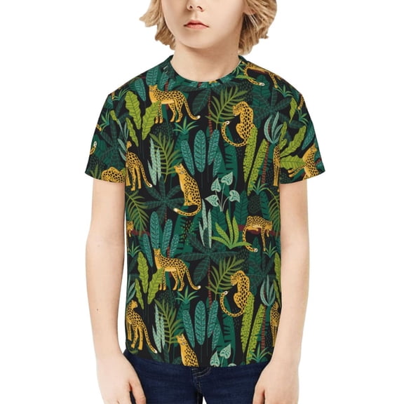Fuzoiu Jungle Leopard Yellow Print Boys' Casual T-Shirt,Crewneck Undershirts,Boys Athletic Shirt,Short Sleeve T-Shirts for Outdoor Play