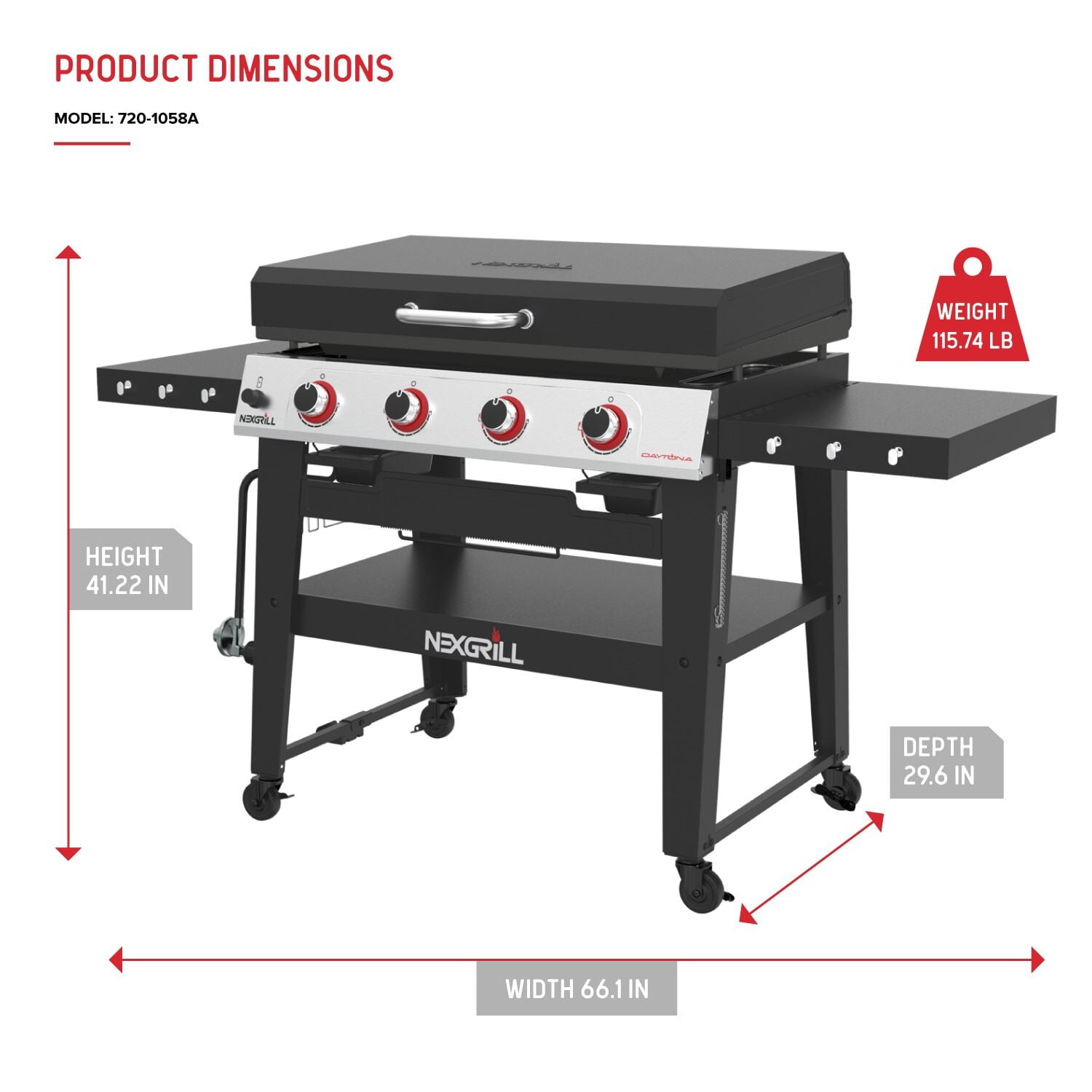 Nexgrill Daytona 4-Burner Propane Gas Griddle with Side Tables, 60000 BTU Flat Top Grill, 756 SQ In. Hot-Rolled Steel Cooking Space, Outdoor Cooking Barbeque, Black - 720-1058A