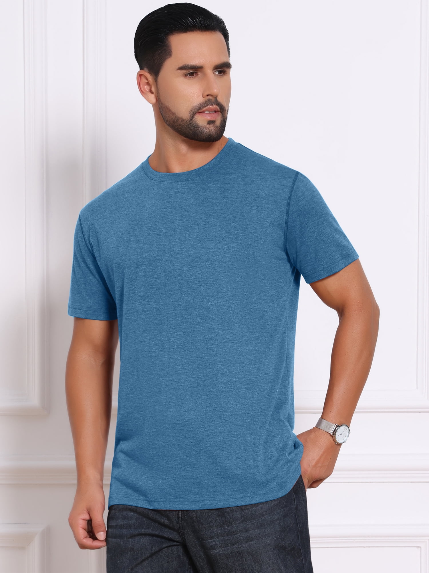 DARING DIVA Men's Crew Neck Short Sleeve Solid Color Retro Style T-Shirt S Blue