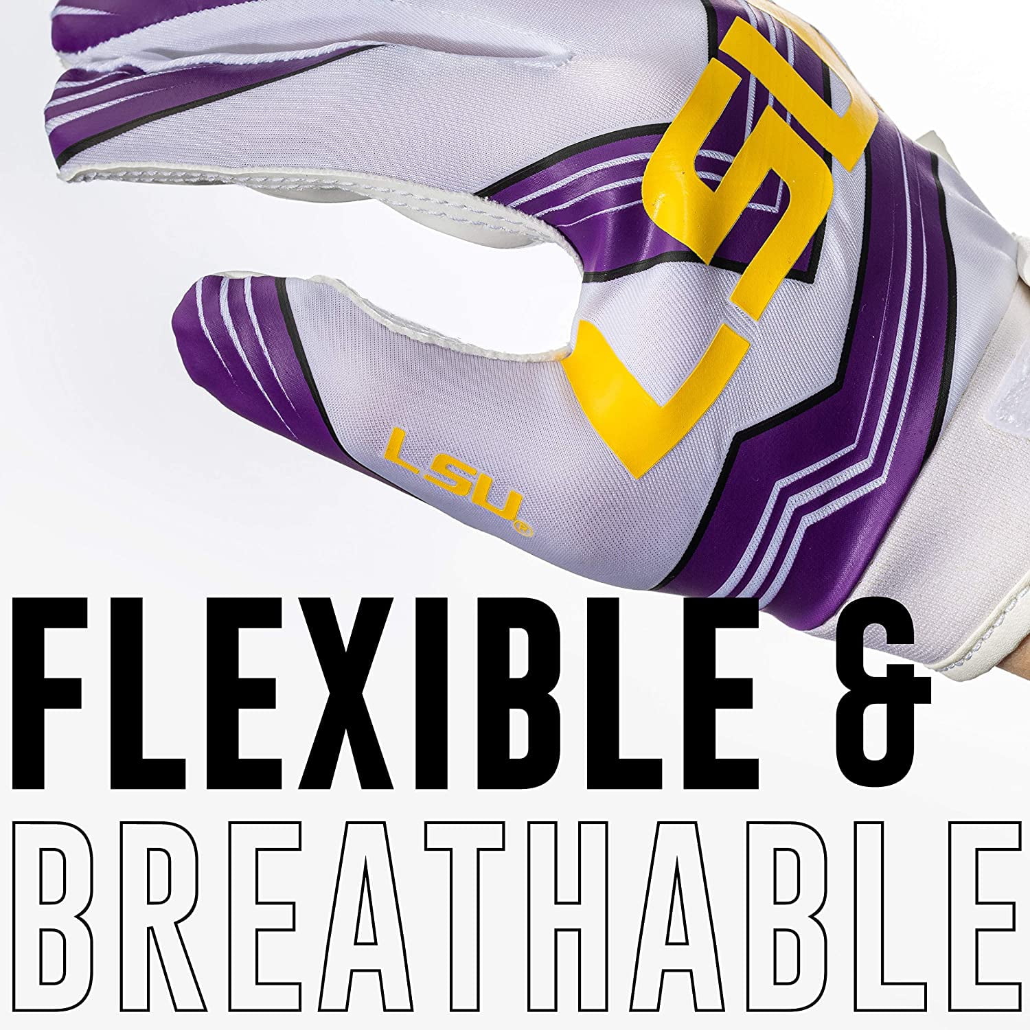 Franklin Sports LSU Tigers Kids Football Receiver Gloves - Youth Official NCAA College Team Football Gloves - Silicone Palm Receiver Gloves for Kids Ages 7 -10 - Youth Small/Extra Small