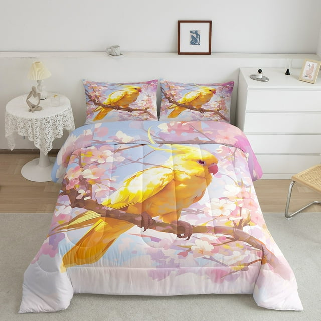 YST Yellow Parrot Bedding Set, Queen, Cherry Blossoms, Floral, Spring Theme