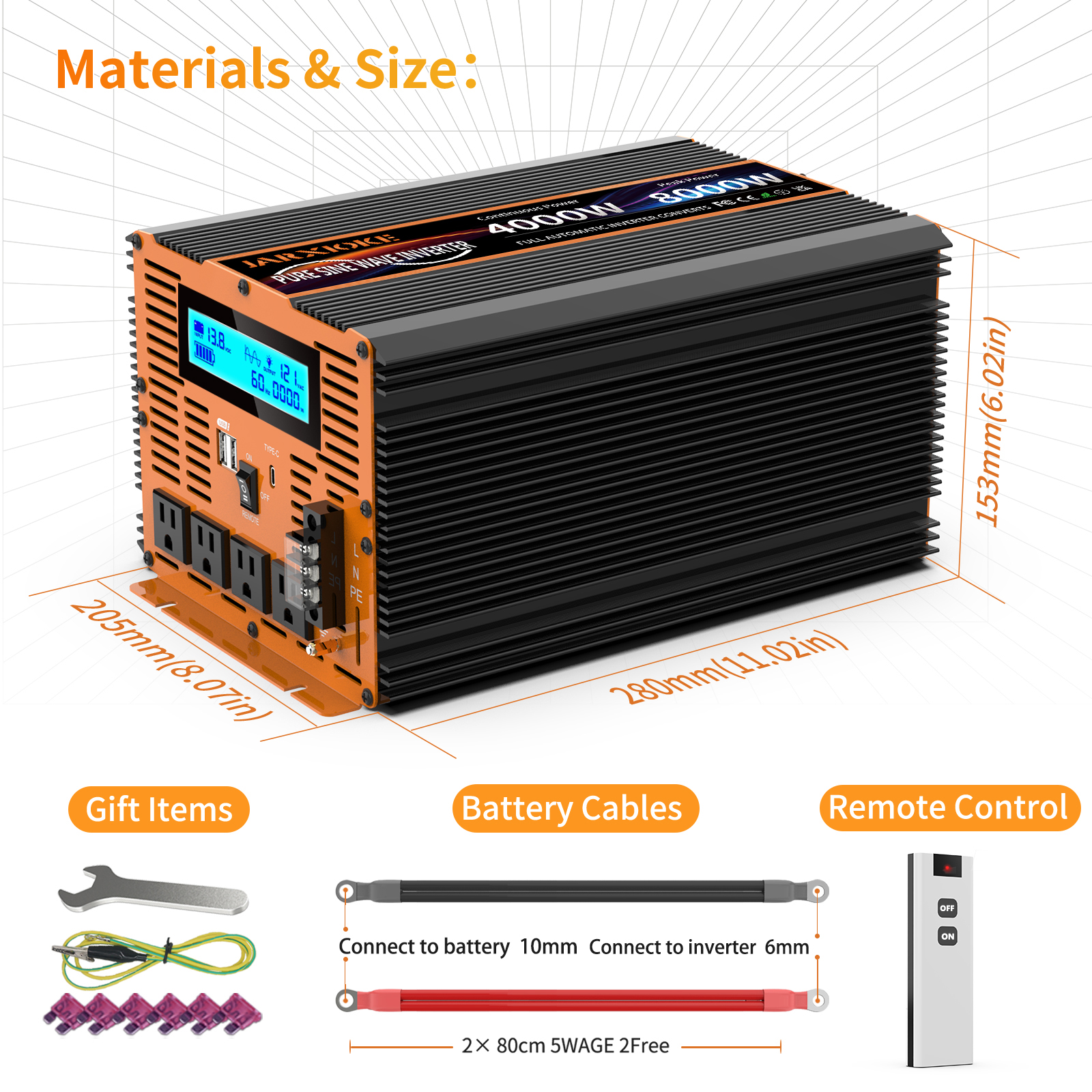 4000 Watt Pure Sine Wave Power Inverter 12V DC to 110V 120V Converter for Family RV Off Grid Solar System Car with Type-C Ports 4 AC Power Outlets Dual USB Ports LCD Display Wireless Remote Control