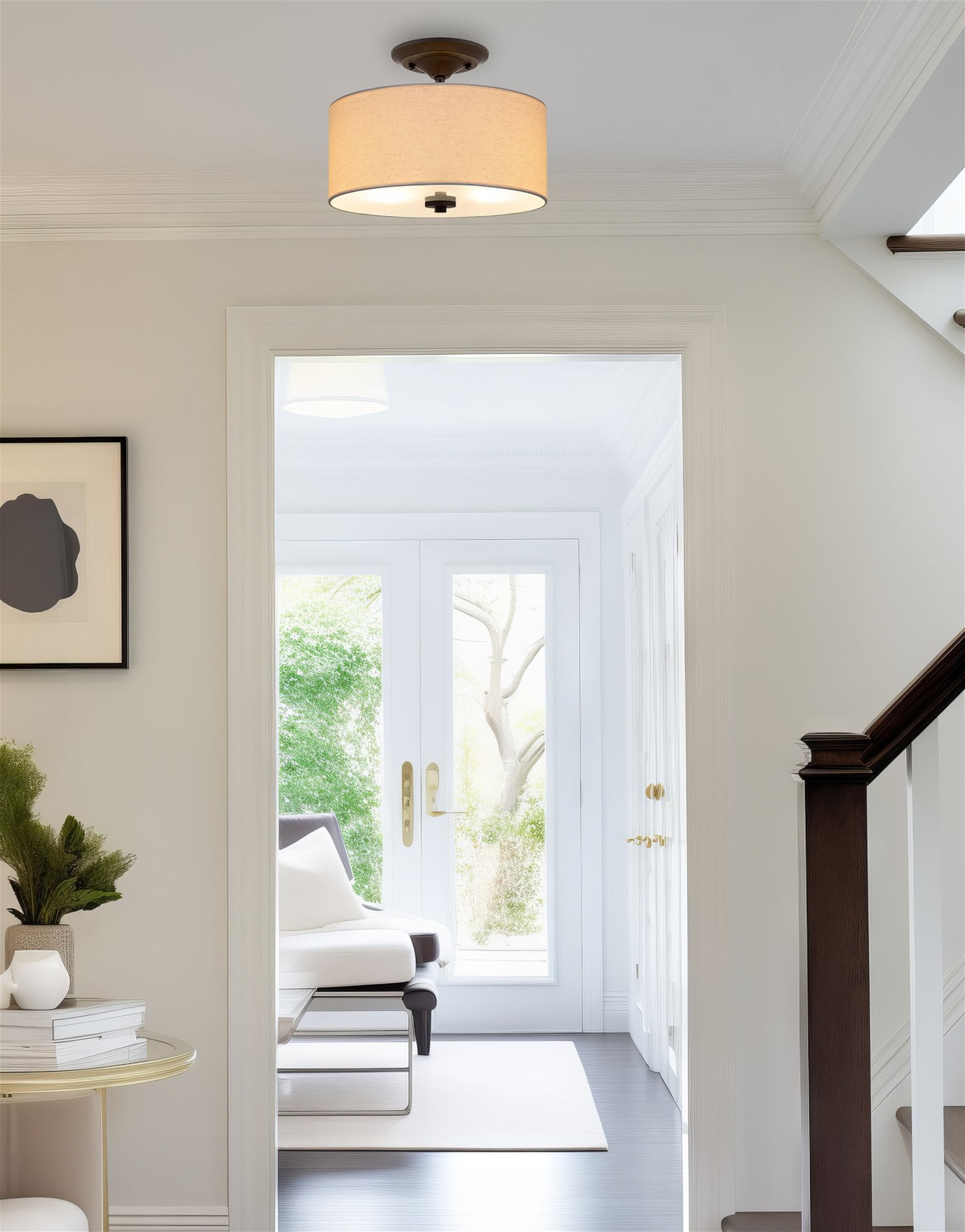 Kira Home Addison 13" Drum Semi Flush Mount with Off-White Fabric Drum Shade, 2-Light Ceiling Light, Oil Rubbed Bronze