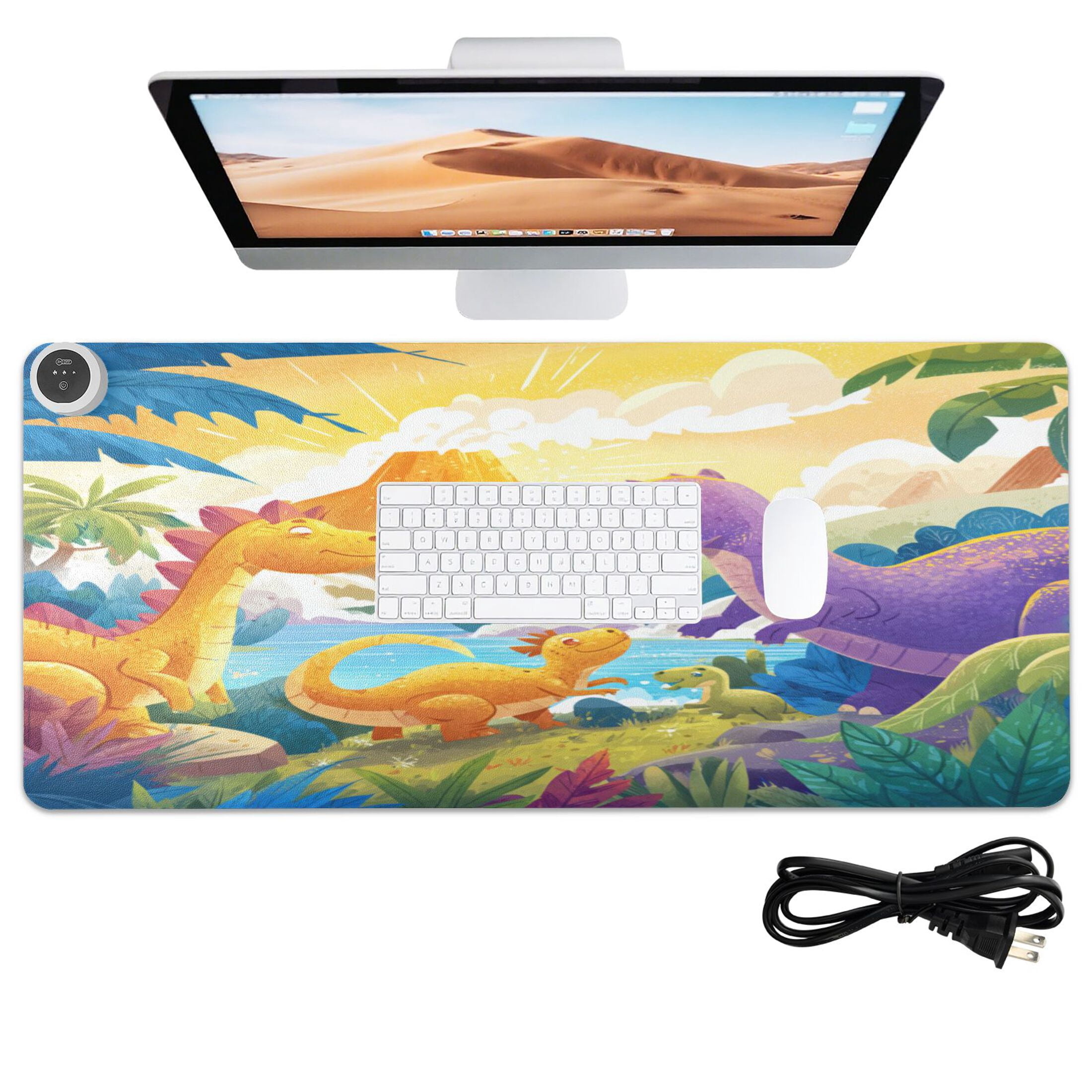 Large Heated Desk Mat Mouse Pad 31.5"x13"PU Leather Graphene Heating Desk Warmer with 3 Temperature Settings 110V US Plug Non-Slip Warm Pad for Home, Office, and Gaming Cute Dinosaur Volcano Scene