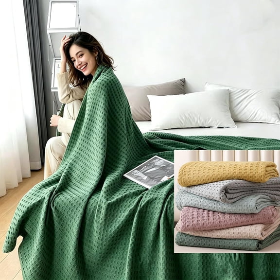 Premium Bamboo-Cotton Waffle Weave Blanket, Cooling Cotton Waffle Blanket, Breathable Summer Soft and Cozy for All Seasons for Hot Sleepers for Bed Couch and Sofa (Green,39.37 * 59.06 in)