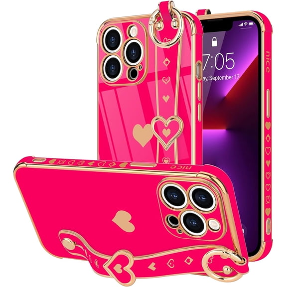 for iPhone 13 Case Cute Love-Heart Plating Strap Phone Cover for Women Girls Bling Soft Silicone Camera Lens Protection Bumper Shockproof Phone Case for iPhone 13 (6.1'') - Purple