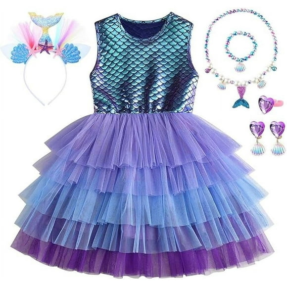 YANSION 7 Piezas de Disfraces de Cosplay de Sirena, Disfraz Princesa Niña, Vestido de Ariel para Fiesta de Cumpleaños de Niñas con Joyería de Tiara para Niña Fiesta Carnaval Cosplay
