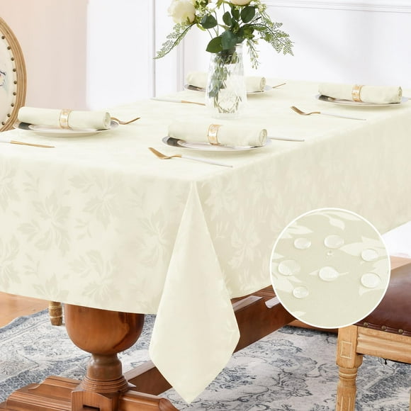 Romanstile Nappe Rectangulaire Jacquard - Motif Floral Damassé Imperméable Nappes Décoratives Tissu Lourd pour Dîner/fêtes/extérieur - 60 x 102 Pouces Ivoire