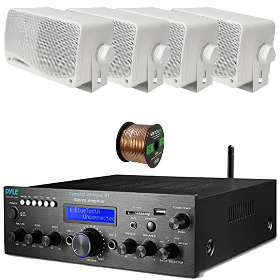 Pyle PDA612BU.5 Digital LCD Display AUX/MP3/USB/SD Bluetooth FM Radio Compact Home Audio Stereo Amplifier Receiver, 4x 3.5'' 200W Max Power 3-Way Mini Box Speakers, 50 Feet 16 Gauge Speaker Wire