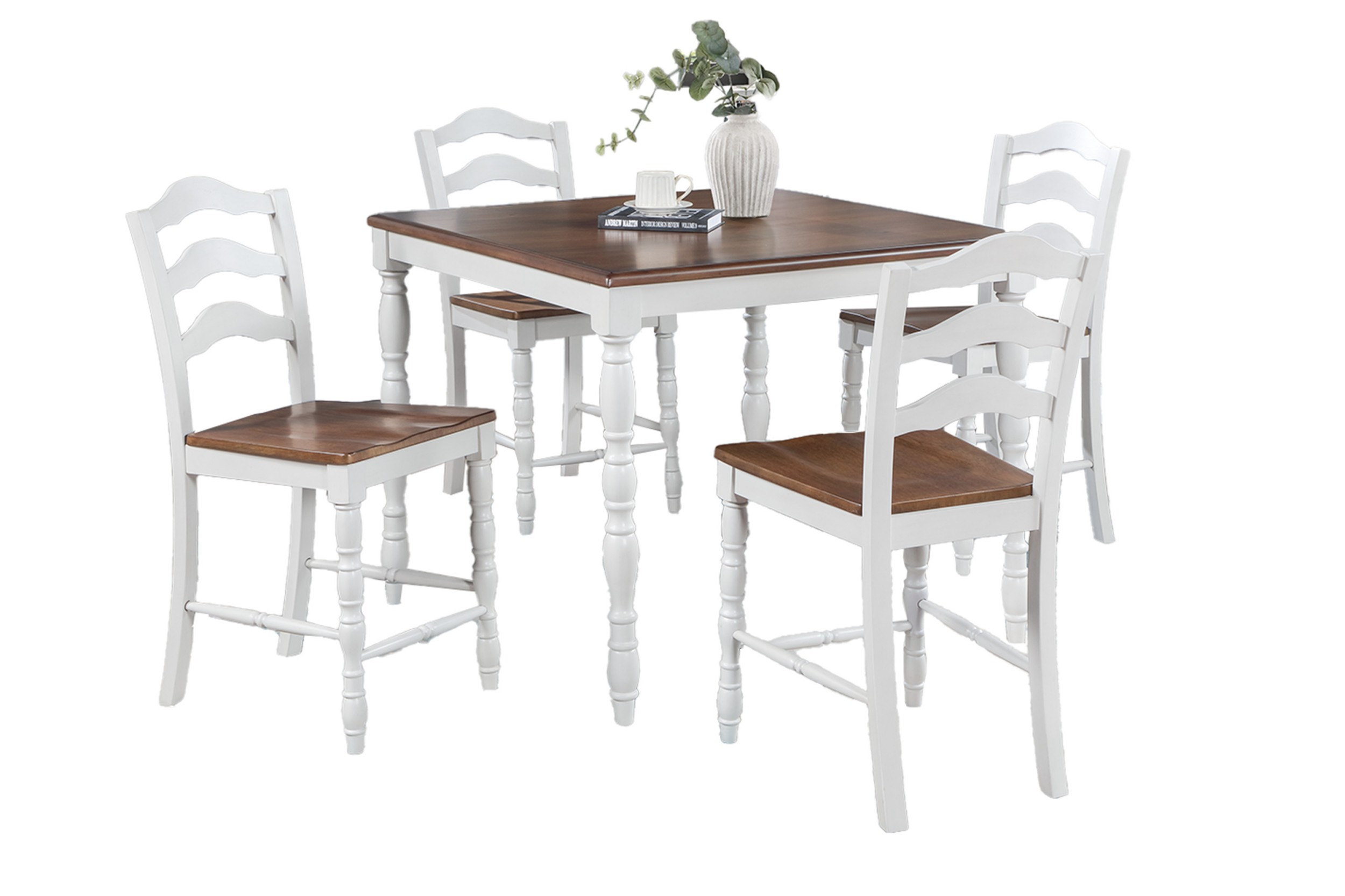 Aukfa 5-Piece Counter-Height Dining Set with 4 Chairs, Modern Farmhouse Kitchen Table Set for Dining Room or Small Spaces, White/Brown