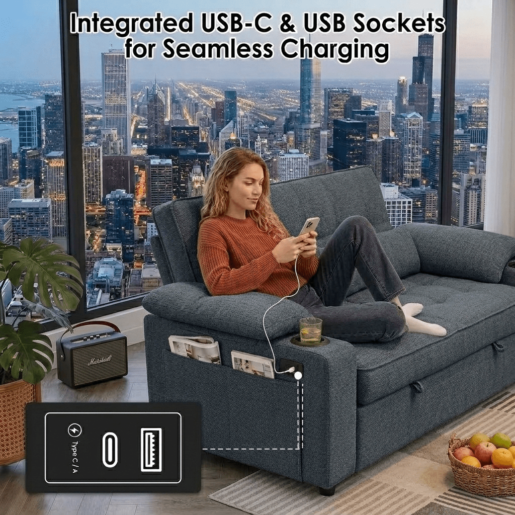 58" Convertible Sofa Bed Pull Out Couch Sleeper Loveseat with Teddy Fabric USB Charging Ports Adjustable Backrest Cup Holders and Side Pocket for Living Room Apartment Small Spaces,Dark Grey