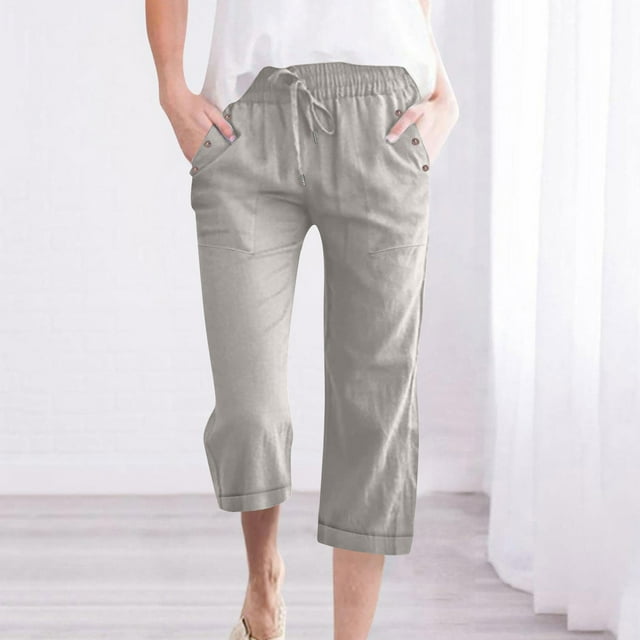 Loose Wide Leg Linen Trousers, Solid Color Cropped Hem, Drawstring Button Pocket, Casual Straight Roll-up Design, For Women, Everyday Wear, Summer Fashion, Breathable Fabric, Street Style, Travel