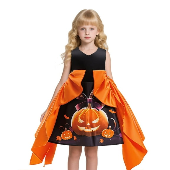 miqiaikids Girls Cosplay Halloween Dress Pumpkin Pattern Dresses Sleeveless Party Gown,Sizes 3-10Y