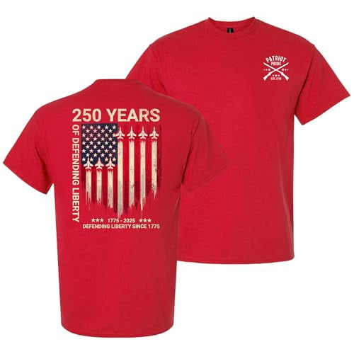 Patriot Pride Men’s Graphic T-Shirt – 250th Anniversary of Defending Liberty, Fighter Jet & Flag Design, Red, Small