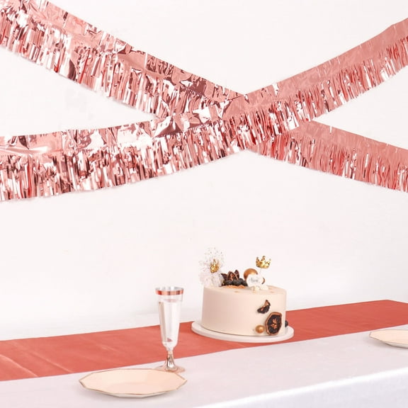 Efavormart 16ft Metallic Blush/Rose Gold Foil Tassel Fringe Backdrop Banner, Tinsel Garland Decor