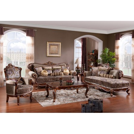 Cherry Finish Wood Sofa Set 3Pcs w/Chaise Traditional Cosmos Furniture Janet