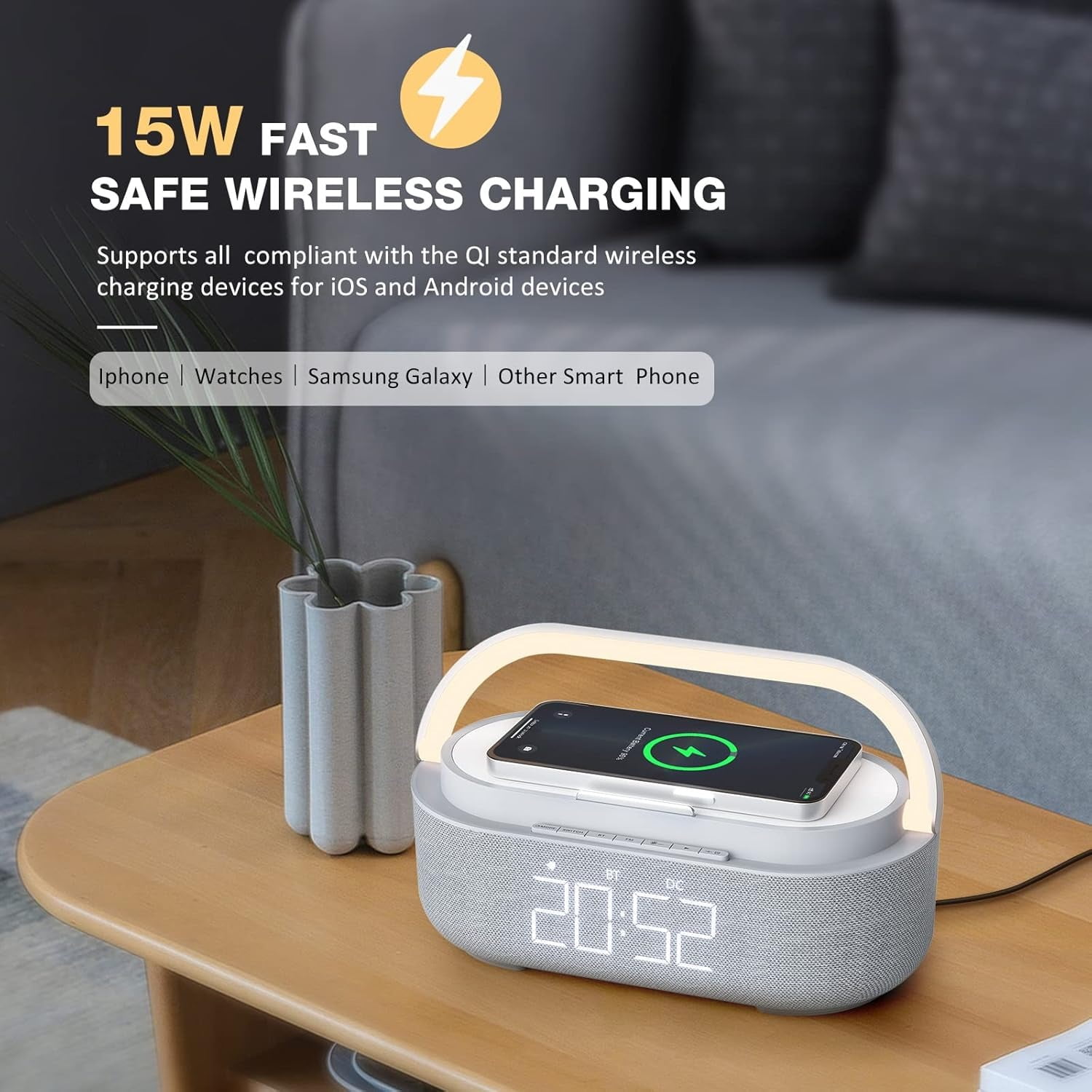 6-in-1 Wireless Charger Bluetooth Speaker with Alarm Clock, FM Radio & Night Light for iPhone + 18W Adapter Gray