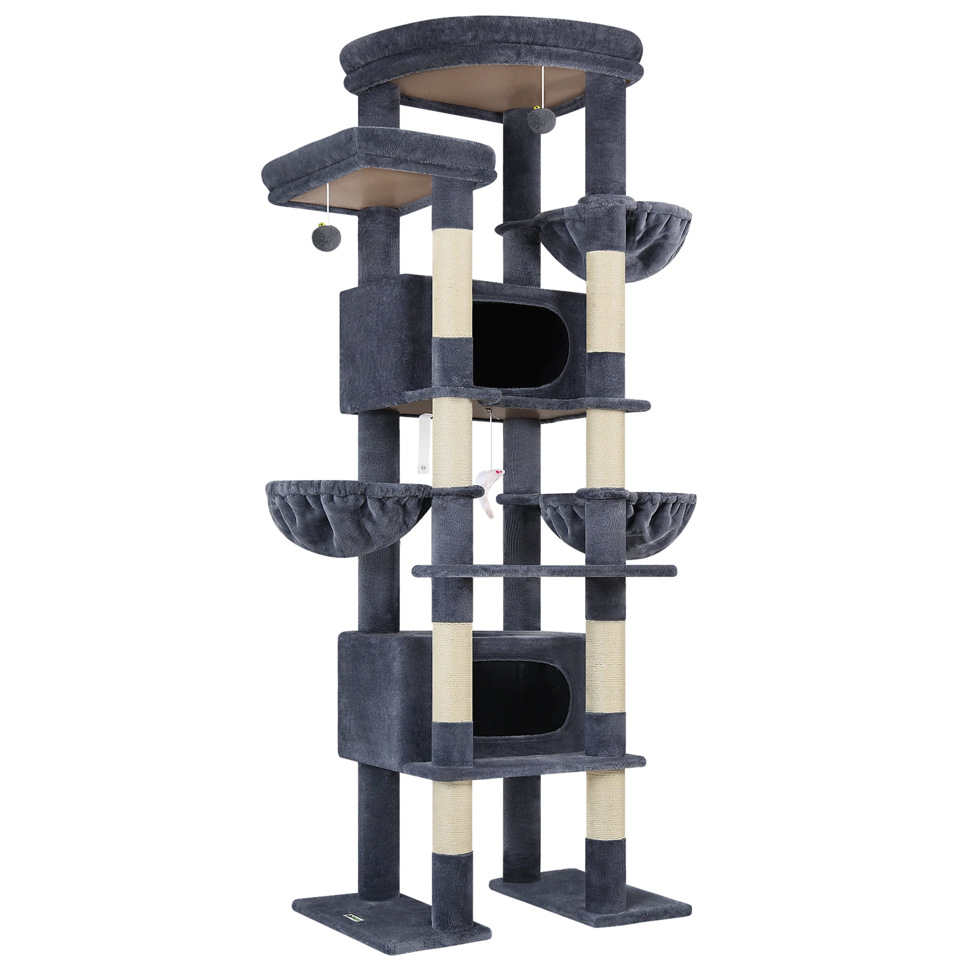 Globlazer 84" Multilevel Large Cat Tree Tower for Indoor Cats with 2 Condos, 3 Hanging Baskets & 8 Scratching Posts, Dark Gray